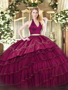 Spectacular Burgundy Two Pieces Embroidery and Ruffled Layers Quinceanera Gowns Zipper Organza and Taffeta Sleeveless Floor Length