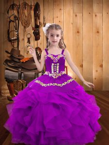 Purple Child Pageant Dress Party and Sweet 16 and Quinceanera and Wedding Party with Embroidery and Ruffles Straps Sleeveless Lace Up