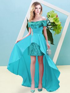 Comfortable Off The Shoulder Short Sleeves Dress for Prom High Low Beading Aqua Blue Elastic Woven Satin and Sequined