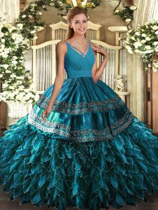  Blue Ball Gown Prom Dress Sweet 16 and Quinceanera with Beading and Appliques and Ruffles V-neck Sleeveless Side Zipper