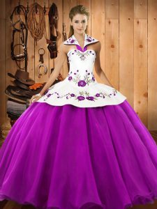 Free and Easy Floor Length Fuchsia 15 Quinceanera Dress Halter Top Sleeveless Lace Up