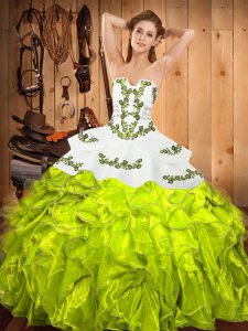  Floor Length Lace Up 15 Quinceanera Dress Yellow Green for Military Ball and Sweet 16 and Quinceanera with Embroidery and Ruffles