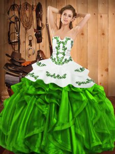 High Quality Satin and Organza Lace Up Quinceanera Gown Sleeveless Floor Length Embroidery and Ruffles