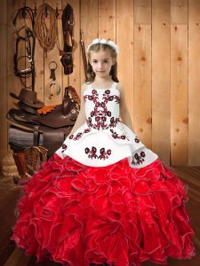 Sweet Red Child Pageant Dress Sweet 16 and Quinceanera and Wedding Party with Embroidery and Ruffles Straps Sleeveless Lace Up