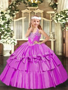 Modern Lilac Lace Up Little Girl Pageant Dress Beading and Ruffled Layers Sleeveless Floor Length