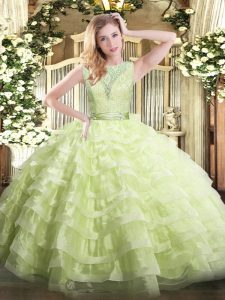  Yellow Green Organza Backless Scoop Sleeveless Floor Length Vestidos de Quinceanera Lace and Ruffled Layers