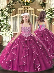 Perfect Fuchsia Lace Up Straps Beading and Ruffles Little Girls Pageant Dress Wholesale Tulle Sleeveless