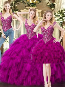  V-neck Sleeveless Lace Up Quinceanera Gown Fuchsia Organza