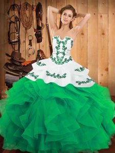  Satin and Organza Strapless Sleeveless Lace Up Embroidery and Ruffles Quince Ball Gowns in Green