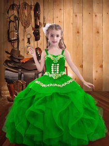  Green Organza Lace Up Little Girls Pageant Gowns Sleeveless Floor Length Embroidery and Ruffles