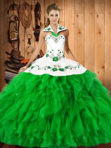 Eye-catching Green Satin and Organza Lace Up Halter Top Sleeveless Floor Length Quinceanera Gowns Embroidery and Ruffles
