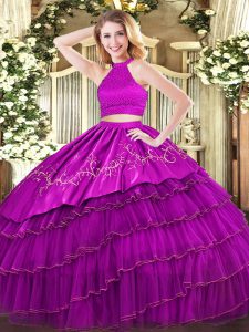  Fuchsia Organza Backless Halter Top Sleeveless Floor Length 15th Birthday Dress Beading and Embroidery and Ruffled Layers