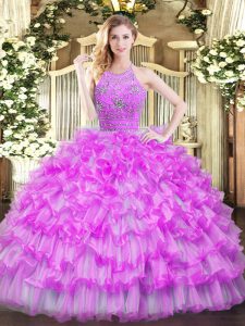 Excellent Floor Length Lilac Quinceanera Dresses Tulle Sleeveless Beading and Ruffled Layers