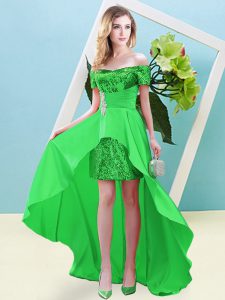Extravagant Green Empire Beading Lace Up Elastic Woven Satin and Sequined Short Sleeves High Low