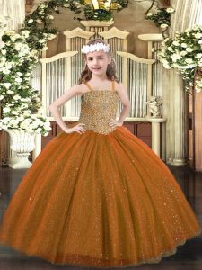  Brown Ball Gowns Beading Little Girl Pageant Gowns Lace Up Tulle Sleeveless Floor Length