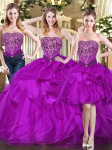 Clearance Sleeveless Floor Length Beading and Ruffles Lace Up Sweet 16 Quinceanera Dress with Fuchsia