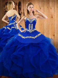 Decent Blue Organza Lace Up Sweetheart Sleeveless Floor Length 15th Birthday Dress Embroidery and Ruffles