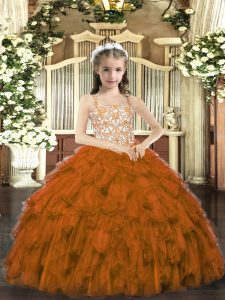  Brown Ball Gowns Straps Sleeveless Organza Floor Length Lace Up Beading and Ruffles Pageant Gowns For Girls