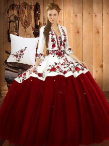Glittering Sweetheart Sleeveless Lace Up Quinceanera Gown Wine Red Satin and Tulle