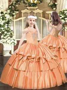Best Beading and Ruffled Layers Girls Pageant Dresses Orange Lace Up Sleeveless Floor Length