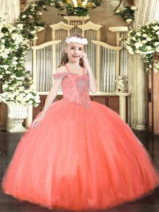Inexpensive Floor Length Coral Red Kids Pageant Dress Tulle Sleeveless Beading