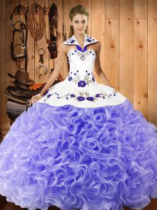 Glamorous Floor Length Lavender Quinceanera Dresses Fabric With Rolling Flowers Sleeveless Embroidery