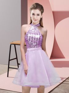 Suitable Mini Length Lilac Damas Dress Halter Top Sleeveless Backless