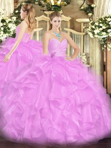Fashionable Lilac Ball Gowns Beading and Ruffles 15th Birthday Dress Lace Up Organza Sleeveless Floor Length