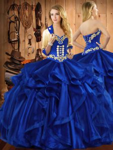  Sweetheart Sleeveless Sweet 16 Dresses Floor Length Embroidery and Ruffles Royal Blue Organza