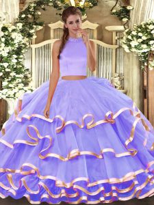  Lavender Sleeveless Floor Length Beading and Ruffled Layers Backless Quinceanera Dresses