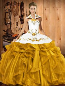Admirable Gold Lace Up Ball Gown Prom Dress Embroidery and Ruffles Sleeveless Floor Length