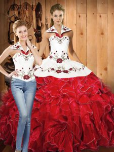  Sleeveless Floor Length Embroidery and Ruffles Lace Up Vestidos de Quinceanera with White And Red 