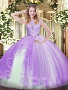  Scoop Sleeveless Organza Vestidos de Quinceanera Lace and Ruffles Backless