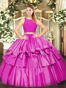Amazing Floor Length Zipper Ball Gown Prom Dress Fuchsia for Military Ball and Sweet 16 and Quinceanera with Ruffled Layers