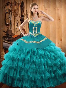 Dazzling Sweetheart Sleeveless Lace Up Sweet 16 Dress Teal Satin and Organza