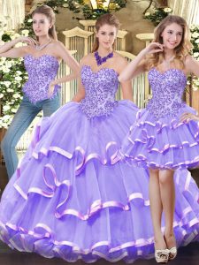 Designer Organza Sweetheart Sleeveless Zipper Appliques and Ruffled Layers Quinceanera Gown in Lavender