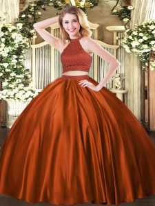 Deluxe Floor Length Rust Red 15th Birthday Dress Tulle Sleeveless Beading