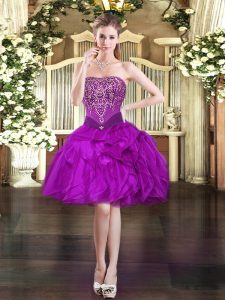 Modest Sleeveless Organza Mini Length Lace Up Dress for Prom in Purple with Beading and Ruffles