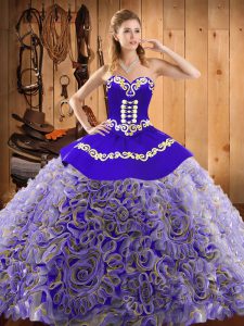  Multi-color Ball Gowns Embroidery Sweet 16 Dress Lace Up Satin and Fabric With Rolling Flowers Sleeveless With Train