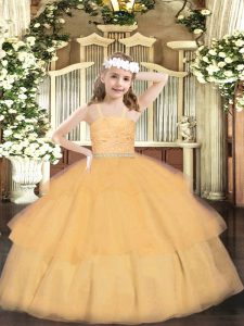  Orange Ball Gowns Organza Straps Sleeveless Beading and Lace and Ruffled Layers Floor Length Zipper Little Girls Pageant Gowns