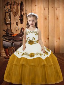 Best Sleeveless Floor Length Embroidery and Ruffled Layers Lace Up Little Girls Pageant Dress Wholesale with Gold