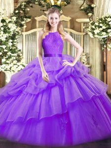 Classical Organza Scoop Sleeveless Zipper Lace and Ruffled Layers Sweet 16 Dress in Eggplant Purple