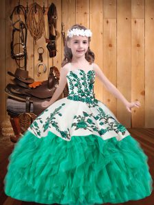 Cute Sleeveless Floor Length Embroidery and Ruffles Lace Up Little Girls Pageant Dress Wholesale with Turquoise