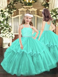  Organza Straps Sleeveless Zipper Beading and Lace Child Pageant Dress in Turquoise