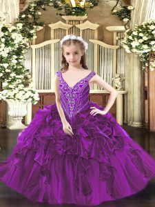  Beading and Ruffles Kids Formal Wear Purple Lace Up Sleeveless Floor Length