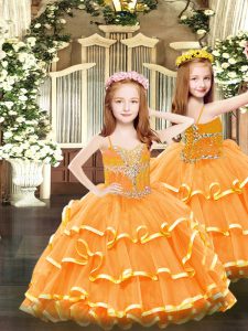  Orange Spaghetti Straps Neckline Beading and Ruffled Layers Teens Party Dress Sleeveless Lace Up