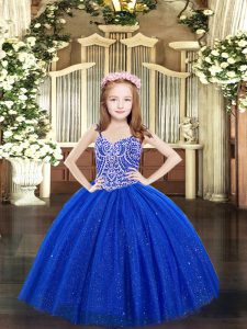  Ball Gowns Womens Party Dresses Royal Blue Straps Tulle Sleeveless Floor Length Lace Up