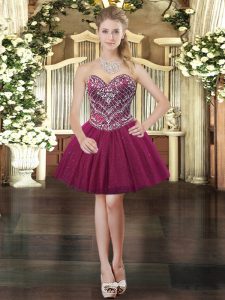  Burgundy Tulle Lace Up Sweetheart Sleeveless Mini Length Prom Evening Gown Beading