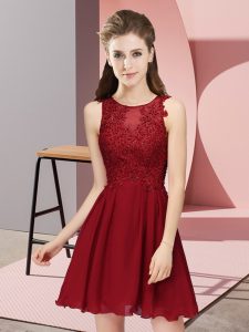  Mini Length Wine Red Dama Dress for Quinceanera Chiffon Sleeveless Appliques