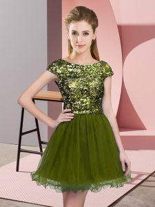High Quality Cap Sleeves Tulle Mini Length Zipper Quinceanera Court of Honor Dress in Olive Green with Sequins